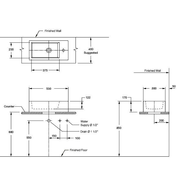 Bản vẽ kỹ thuật của chậu rửa mặt lavabo COTTO đặt bàn C0032