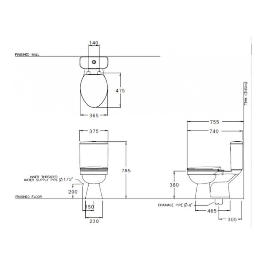 Bản vẽ kỹ thuật bồn cầu 2 khối COTTO C13440 nắp đóng êm Ben