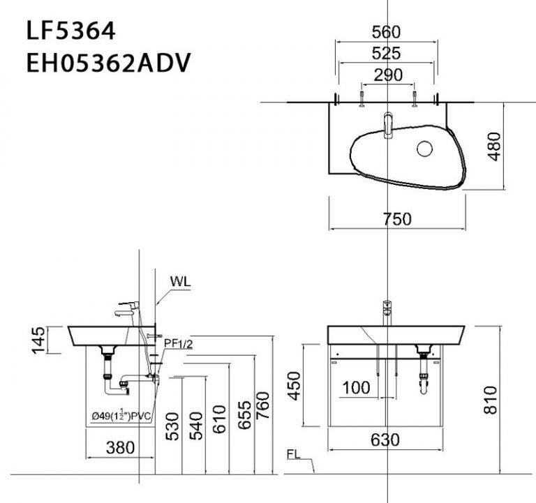 Bản vẽ kỹ thuật bộ tủ chậu CAESAR LF5364/EH05362ADV