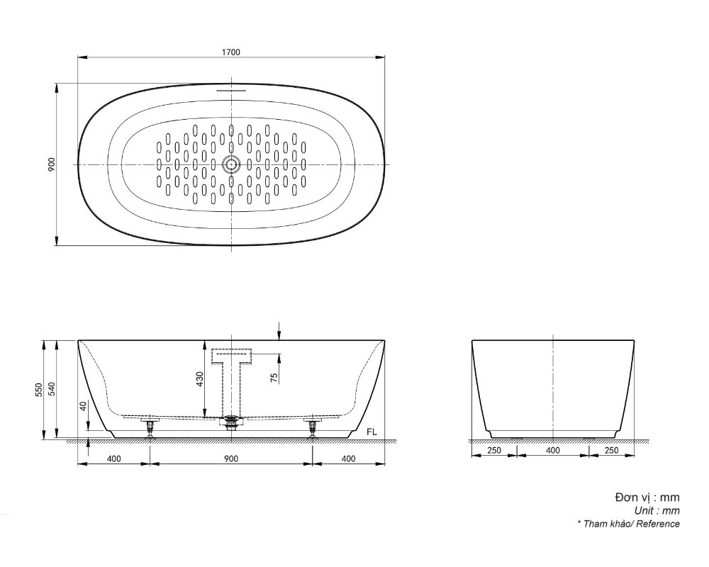Bản vẽ kỹ thuật bồn tắm đặt sàn INAX BF-1760V