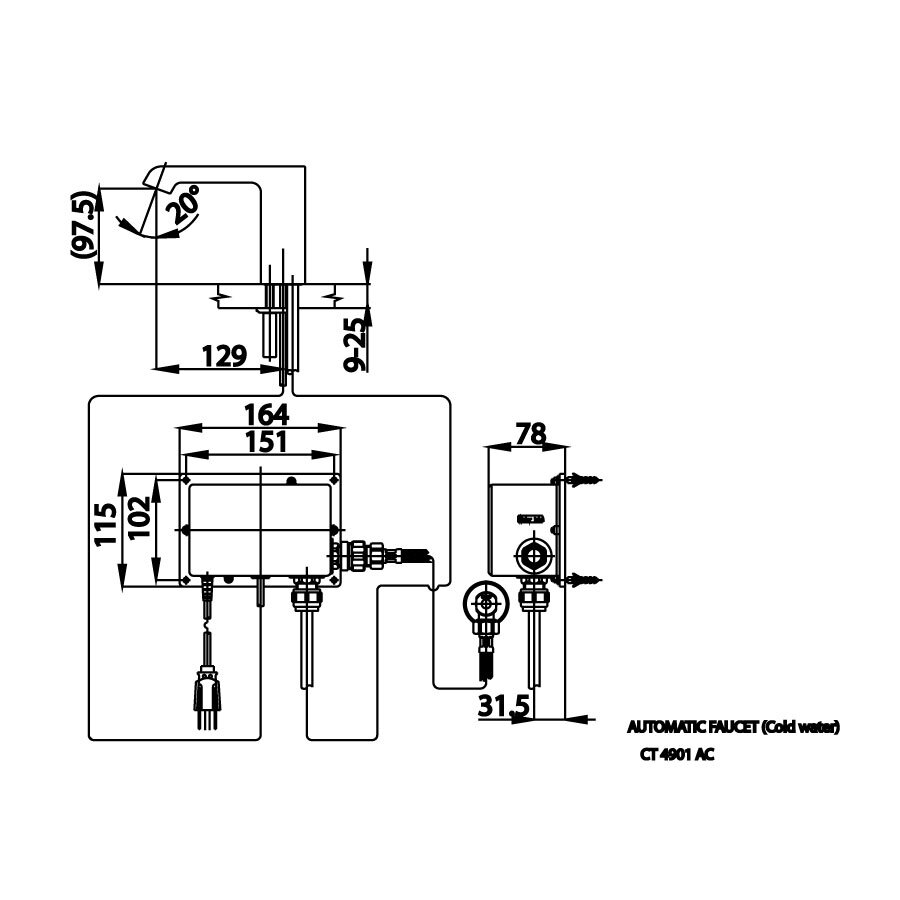 Bản vẽ kỹ thuật vòi lavabo cảm ứng COTTO dùng điện CT4901AC