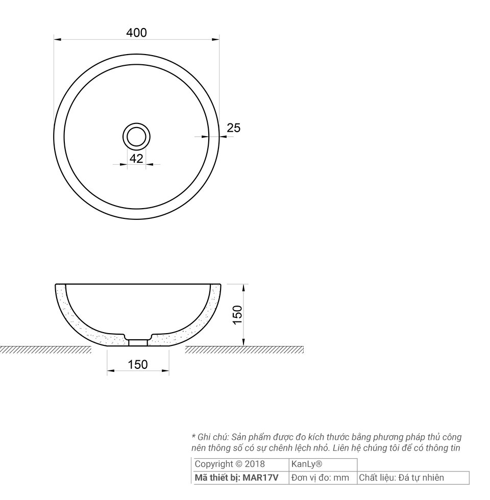 Bản vẽ kỹ thuật lavabo đá tự nhiên Kanly MAR17V