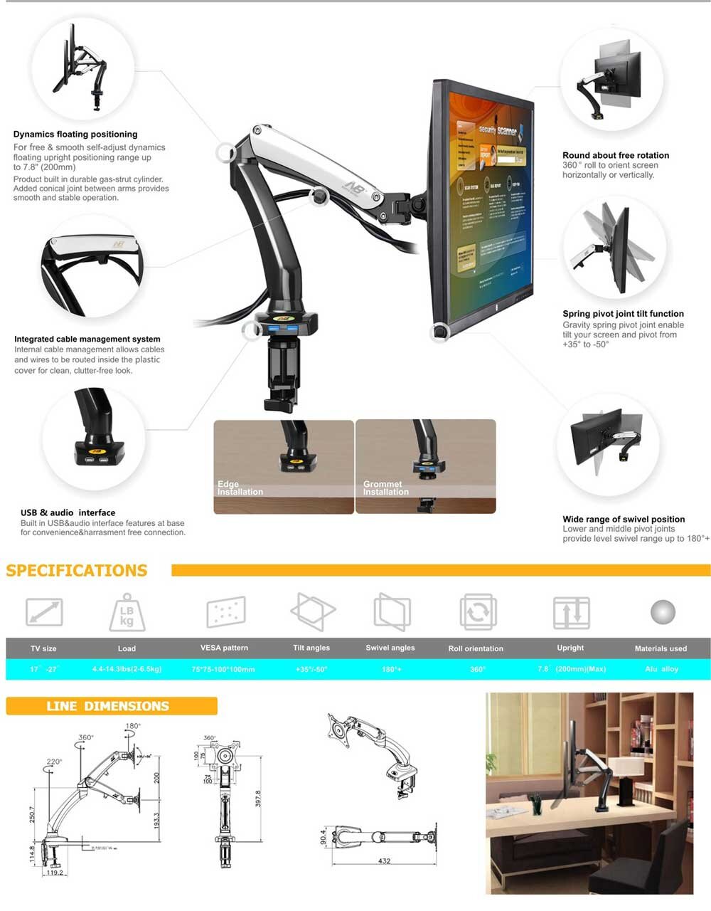 Giá treo màn hình North Bayou F100 (1 màn hình/ 22inch - 35inch/ Đen/ Gắn bàn)