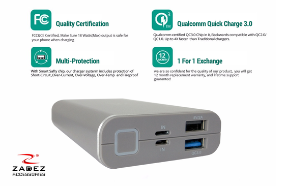 Pin sạc dự phòng Li-Polymer 10000mAh ZADEZ CPM-16 QC 3.0 Bạc