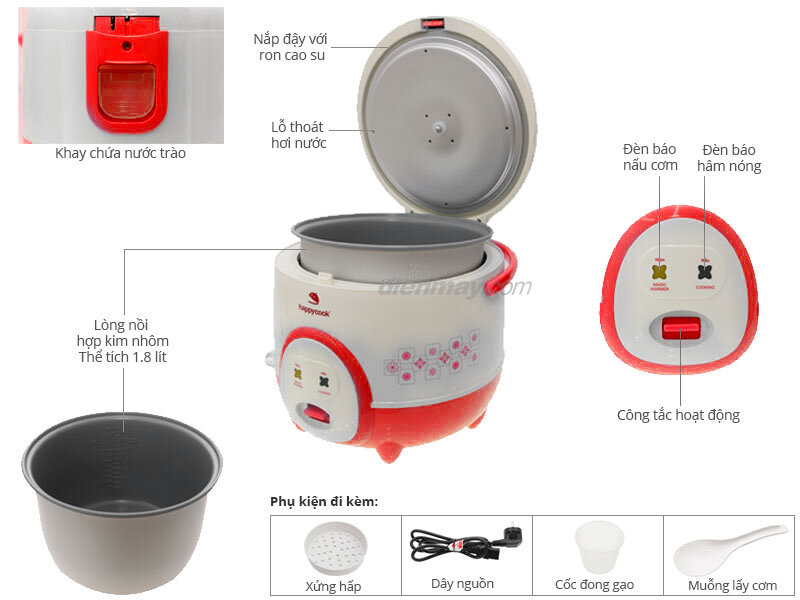 Nồi cơm điện Happycook 1.8 lít HC-180A Đỏ Nồi cơm điện Happycook 1.8 lít HC-180A Đỏ