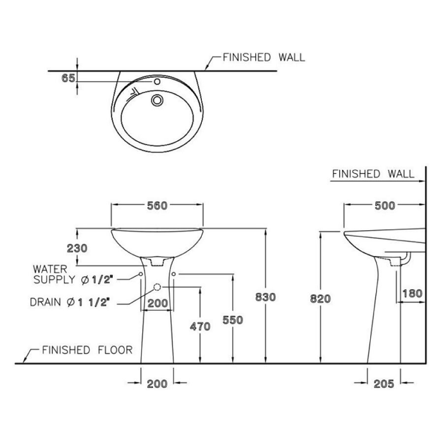 Bản vẽ kỹ thuật chậu rửa lavabo COTTO treo tường chân dài C012/C412
