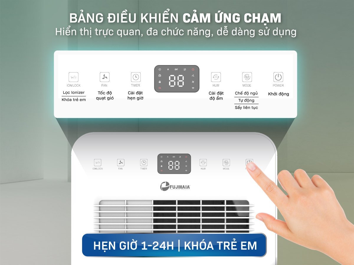 Máy hút ẩm gia đình Fujihaia DH18CR có bảng điều khiển cảm ứng