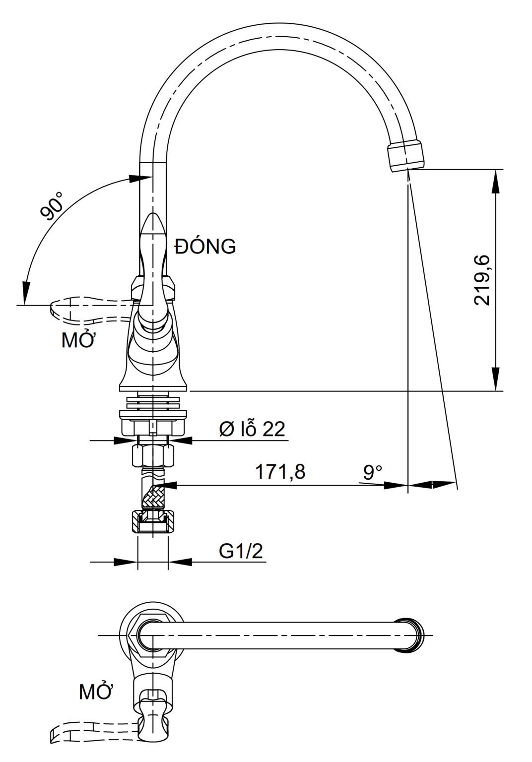 Bản vẽ kỹ thuật vòi chén lạnh Luxta L3105Q5