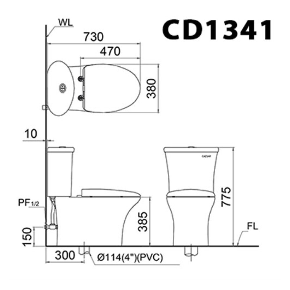 Bản vẽ kỹ thuật của bồn cầu 2 khối nắp điện tử Caesar CD1341+TAF610H