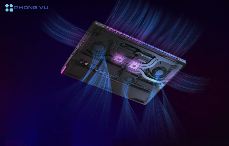 Hệ thống tản nhiệt thông minh với 3 quạt và keo tản nhiệt kim loại lỏng, đảm bảo hiệu năng tối ưu ngay cả trong các tác vụ nặng.