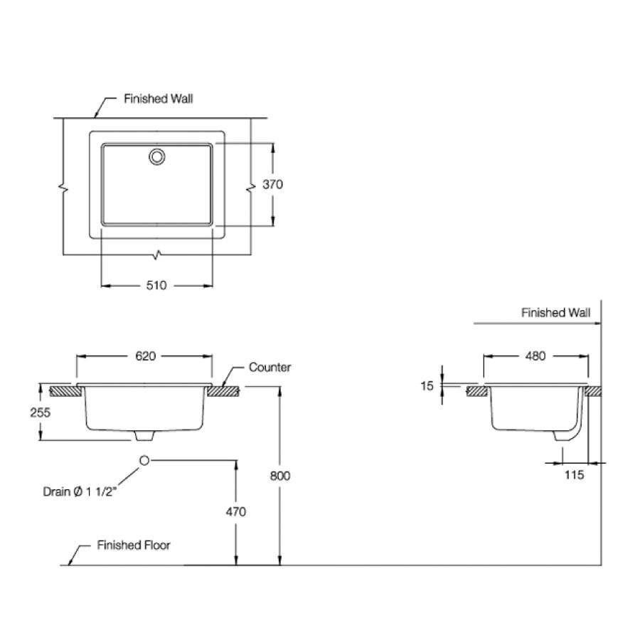 Bản vẽ kỹ thuật chậu dịch vụ COTTO đặt bàn C5241