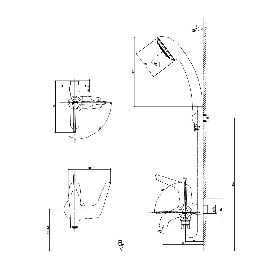 Bản vẽ kỹ thuật bộ vòi hoa sen tắm lạnh INAX BFV-17 tay sen tăng áp 8C