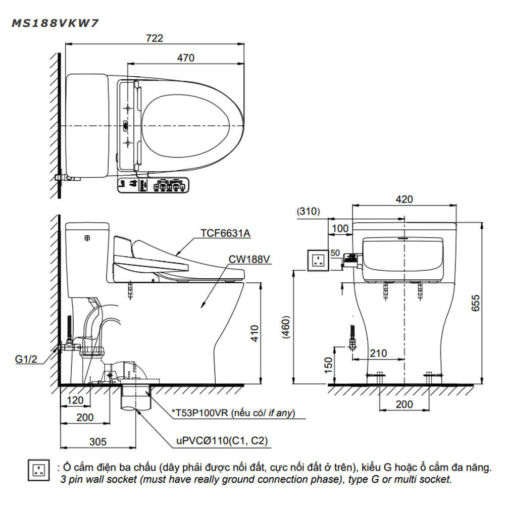 Bản vẽ kỹ thuật bồn cầu thông minh MS188VK W7 TOTO