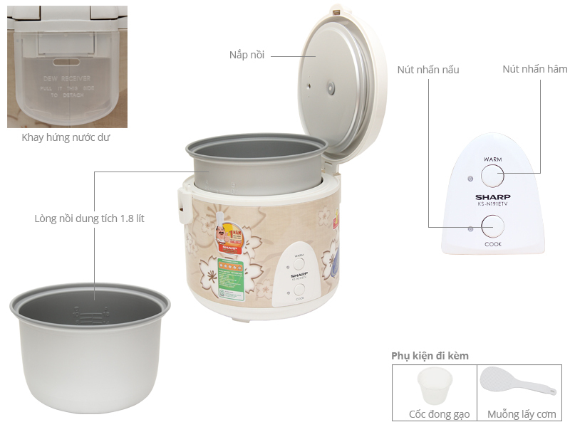 Nồi cơm điện Sharp 1.8 lít KS-N191ETV Nồi cơm điện Sharp 1.8 lít KS-N191ETV