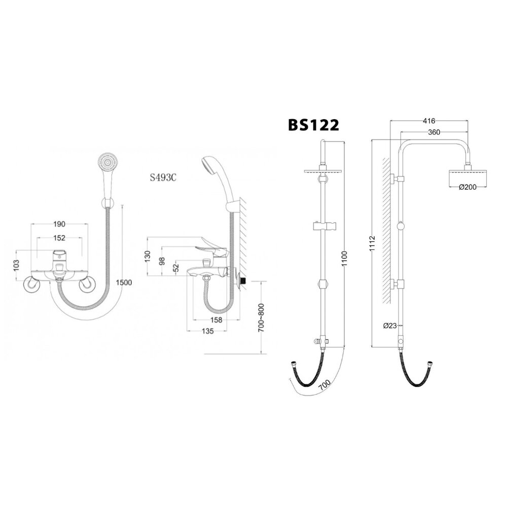 Bản vẽ kỹ thuật của bộ sen cây tắm đứng nóng lạnh Caesar BS122+S493C