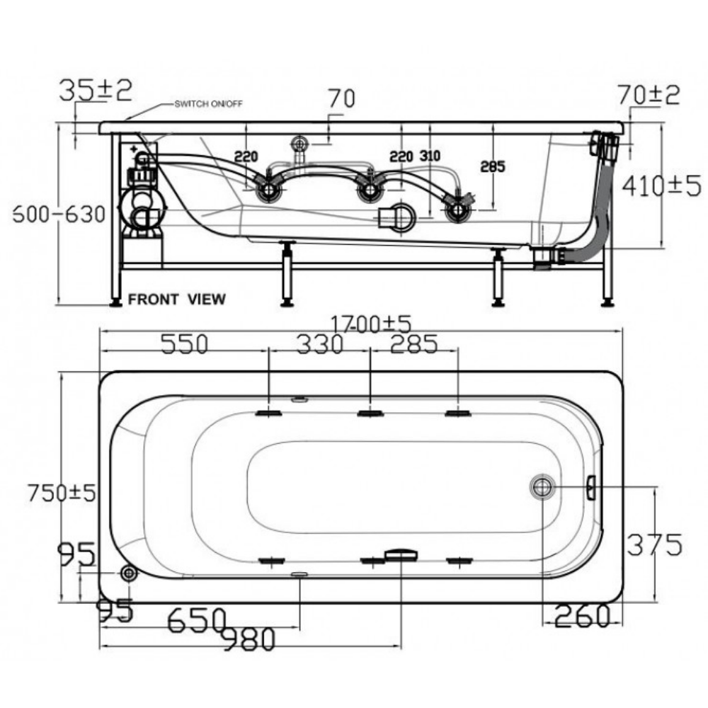 Bản vẽ kỹ thuật bồn tắm xây massage Active 1.7m American Standard 70271-WT