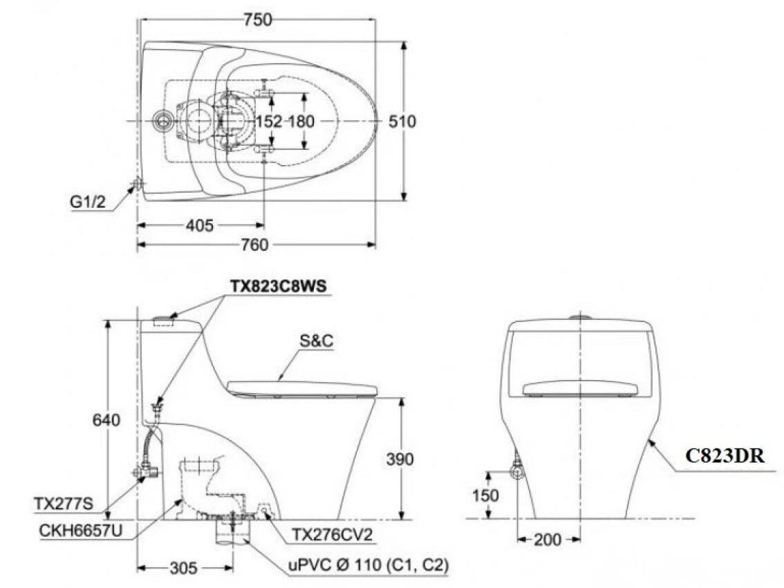 Kích thước Toto MS823DRT2  Toto MS823DRT2