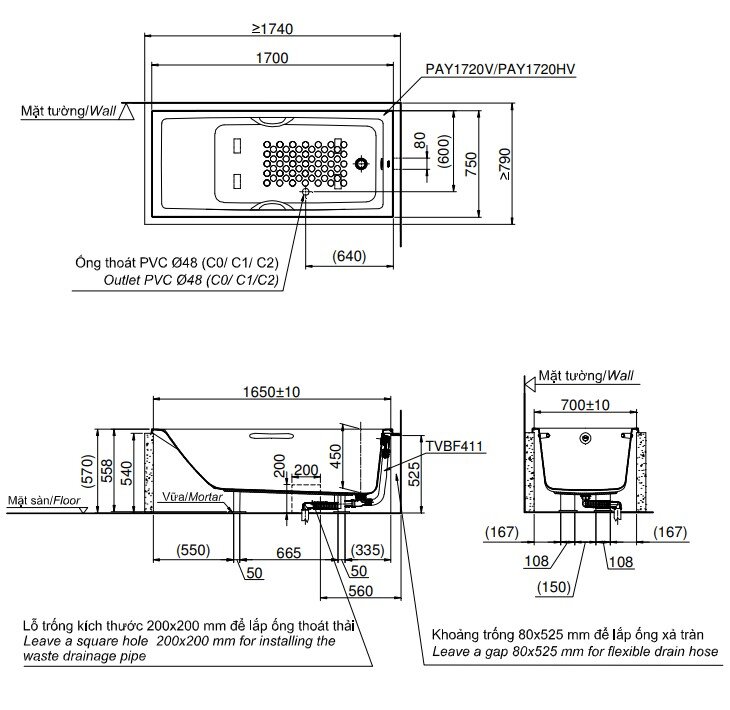 Bản vẽ kỹ thuật bồn tắm TOTO PAY1720HV