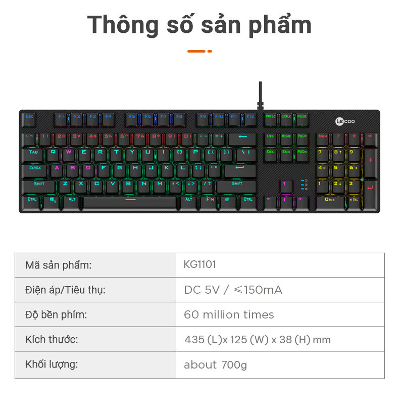 Bàn phím game Lecoo KG1101 RGB đen Blue sw (USB)