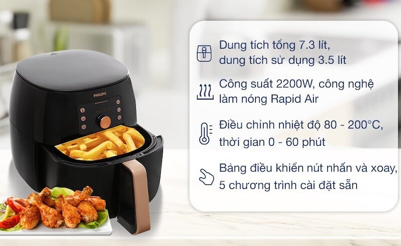 Nồi chiên không dầu 7,3 lít Philips HD9860/90 được trang bị công nghệ Rapid Air đột phá