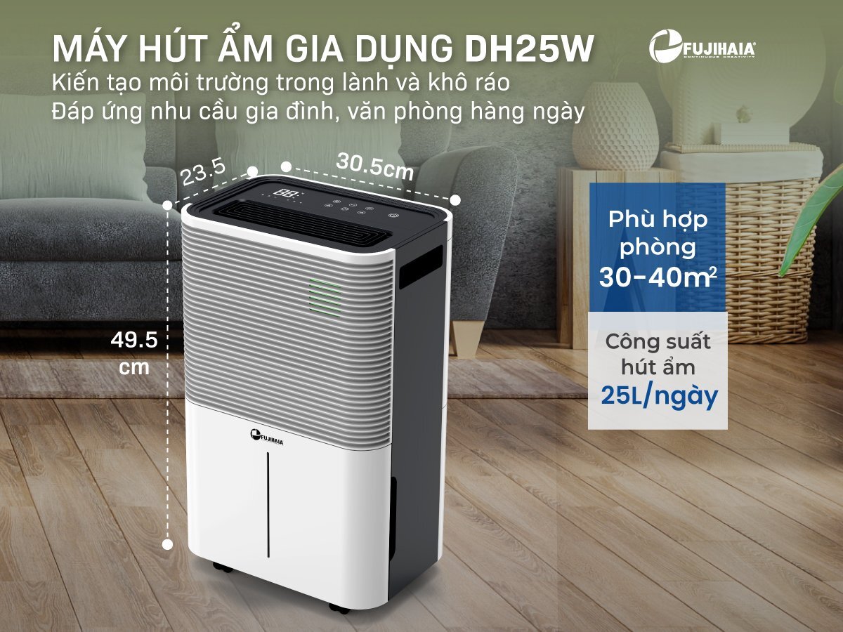 Máy hút ẩm dân dụng Fujihaia DH25W có kiểu dáng hiện đại, kích thước gọn nhỏ