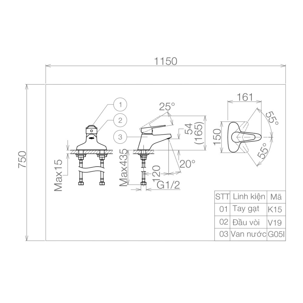 Bản vẽ kỹ thuật vòi chậu lavabo nóng lạnh Viglacera VG315