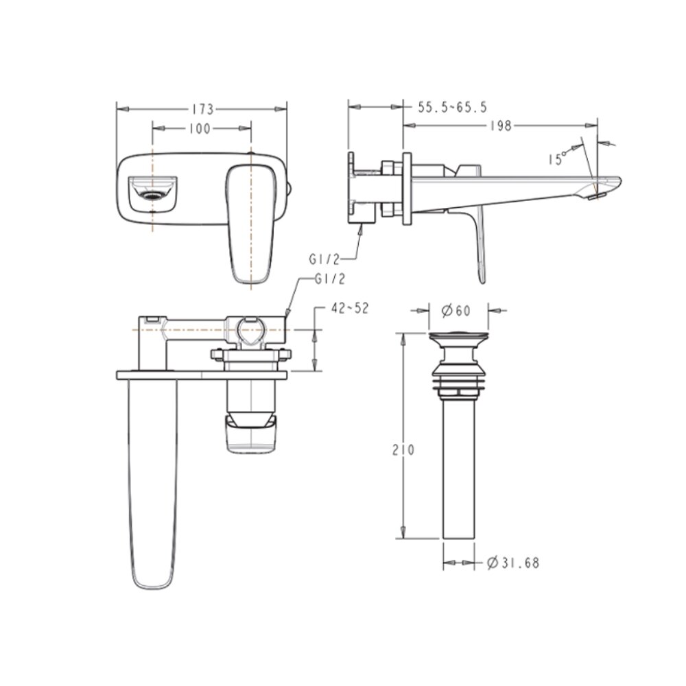 Bản vẽ kỹ thuật vòi chậu gắn tường Signature nóng lạnh American Standard WF-1704