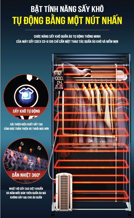 Máy sấy quần áo Coex CD 6109 dẫn nhiệt 360 độ, làm khô quần áo nhanh chóng