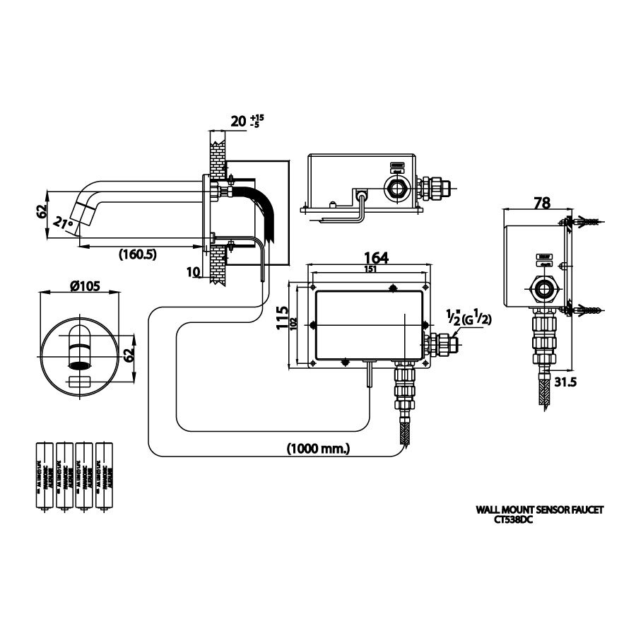 Bản vẽ kỹ thuật vòi lavabo lạnh COTTO gắn tường CT538DC