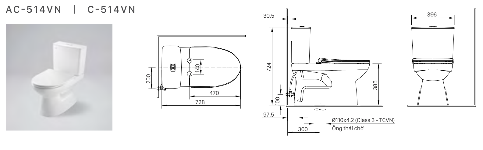 Bồn cầu INAX C-514 bản vẽ kỹ thuật