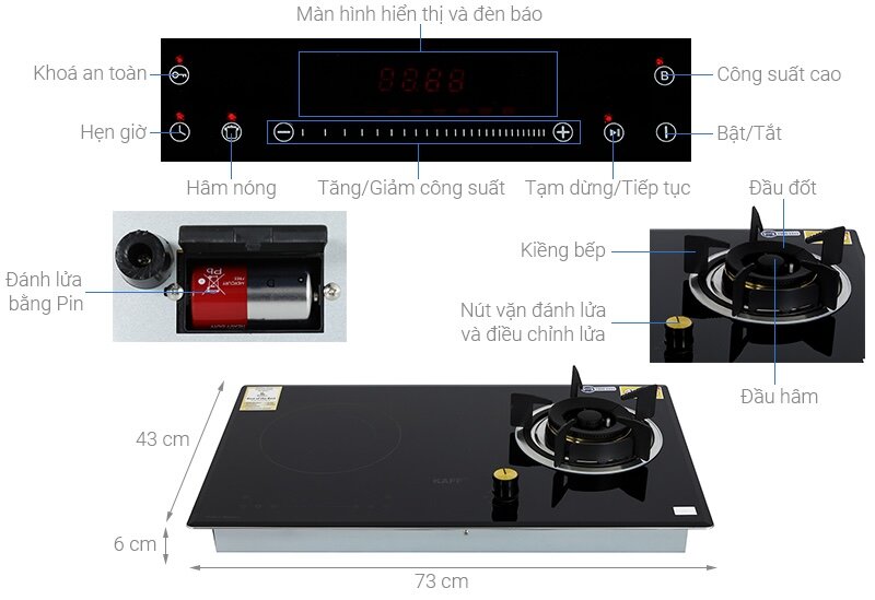 Bếp từ gas âm 2 vùng nấu Kaff KF-088IG được trang bị nhiều tính năng an toàn