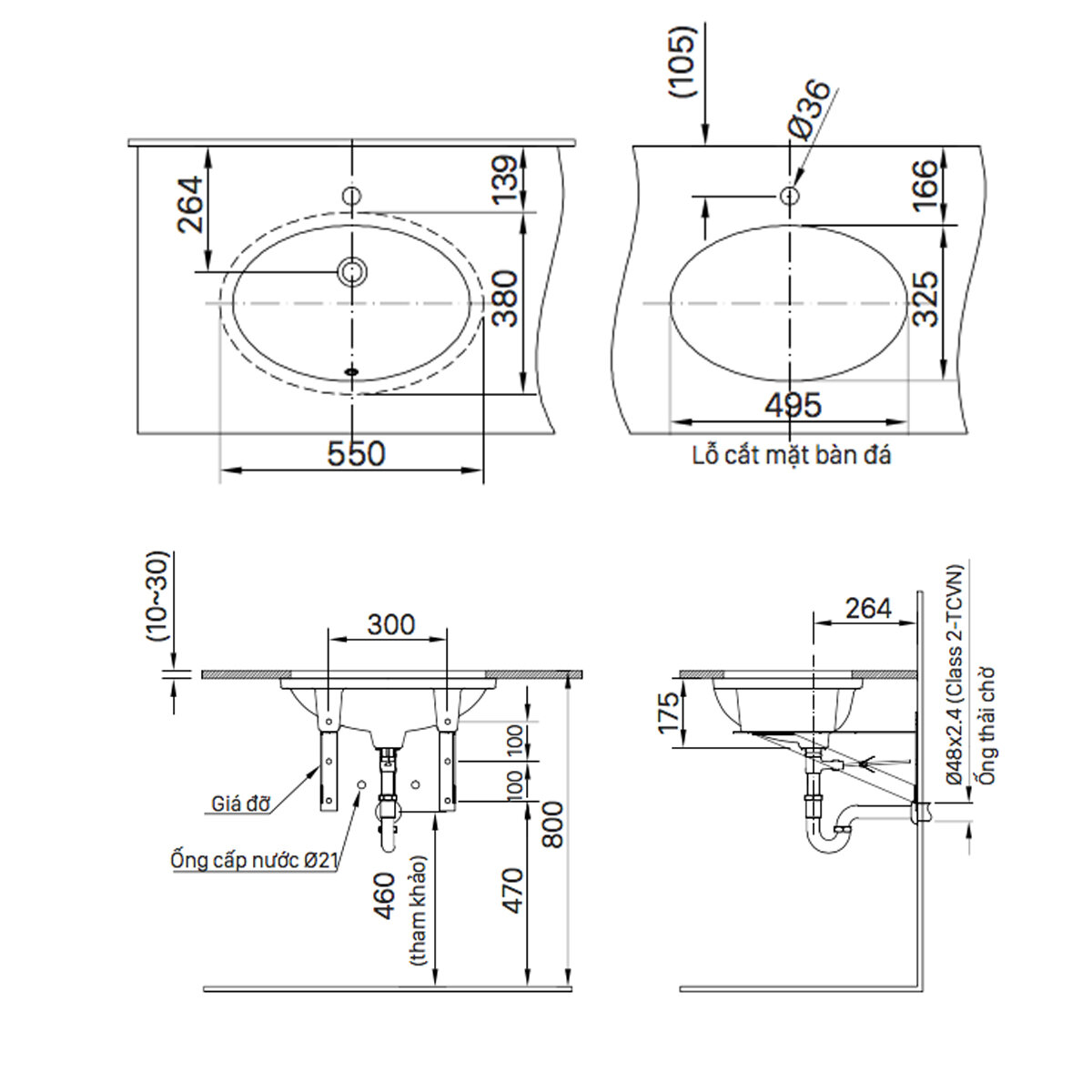 Bản vẽ kỹ thuật của lavabo INAX âm bàn L-2216V: