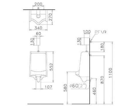 Bản vẽ kích thước bệ tiểu nam treo tường Caesar U0230 Caesar U0230