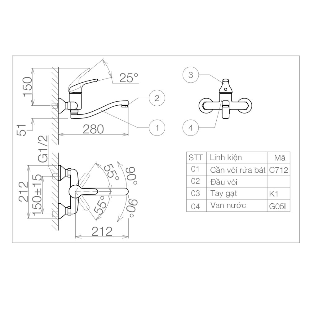 Bản vẽ kỹ thuật vòi rửa chén gắn tường nóng lạnh Viglacera VG701