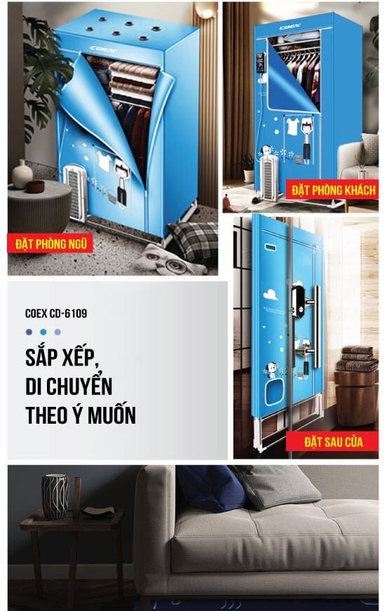 Tủ sấy quần áo Coex CD-6109 sở hữu màu xanh dương đẹp mắt, thiết kế tiện dụng