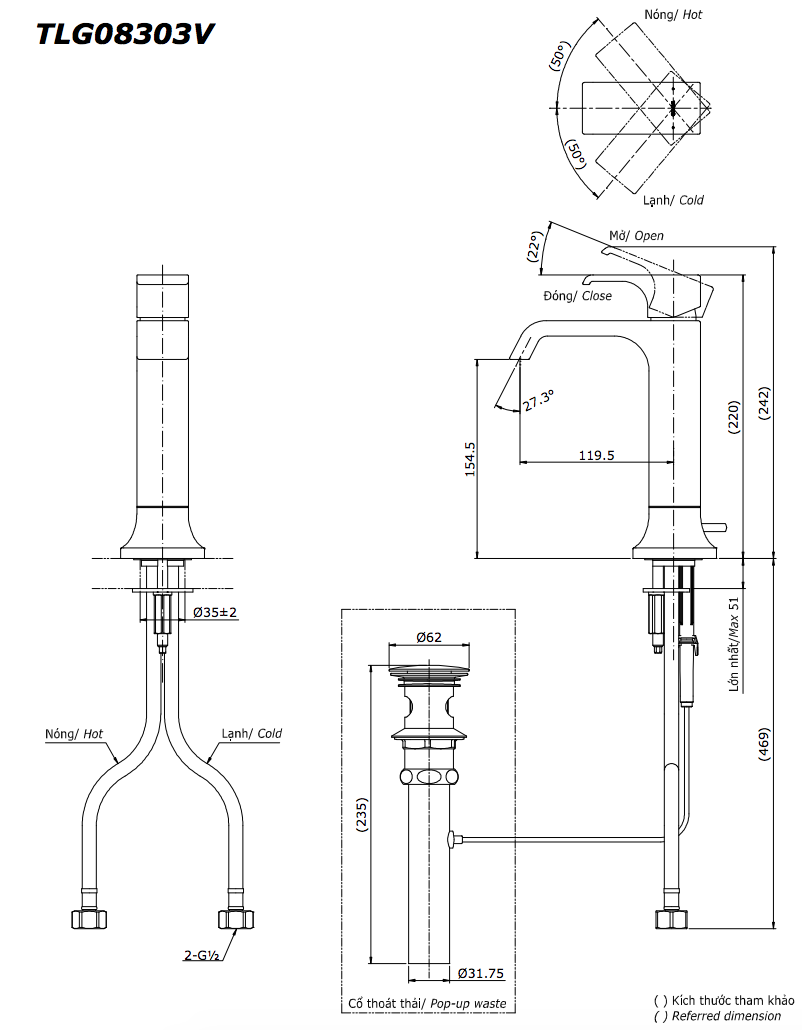 Bản vẽ kỹ thuật của lavabo TOTO TLG08303V