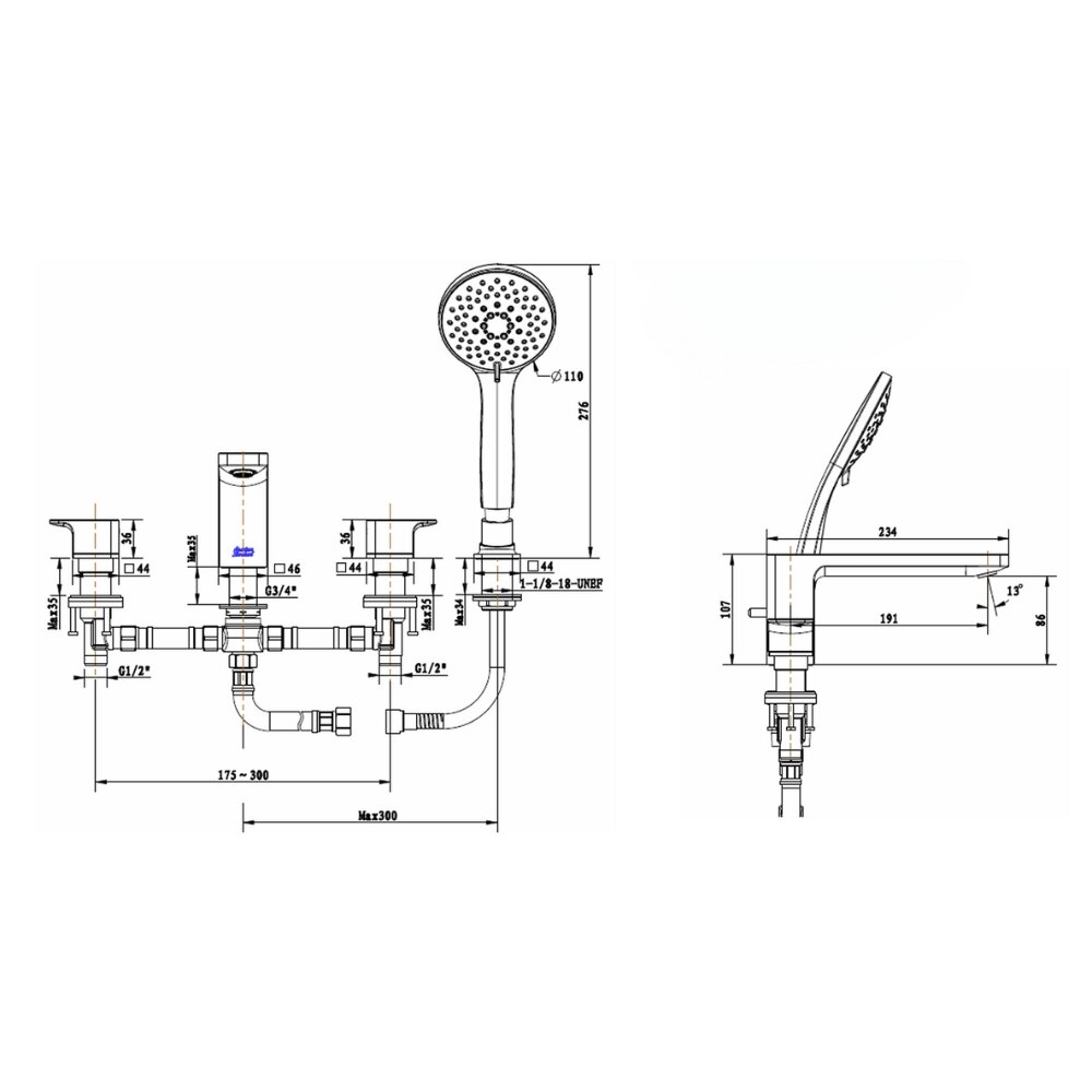 Bản Vẽ Kỹ Thuật Vòi Sen Bồn Tắm Nóng Lạnh American Standard Acacia WF-1300
