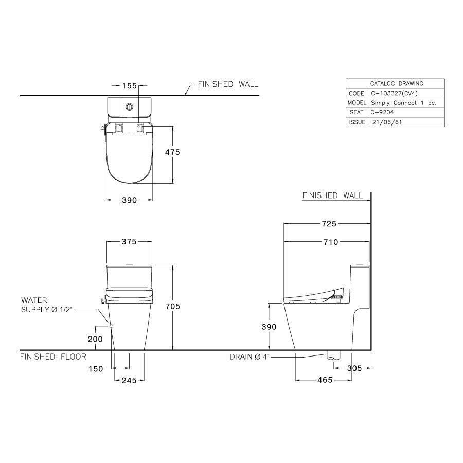 Bản Vẽ Kỹ Thuật Bồn Cầu COTTO C103327(CV4) 1 Khối  Nắp Điện Tử