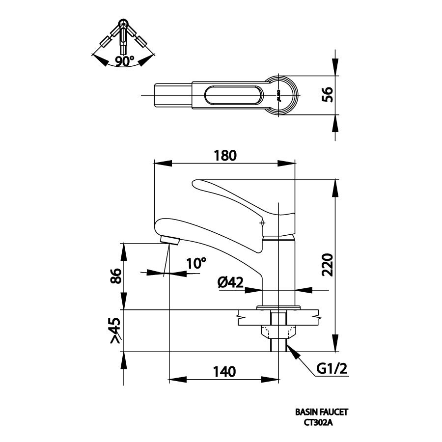 Bản vẽ kỹ thuật vòi lavabo lạnh COTTO CT302A