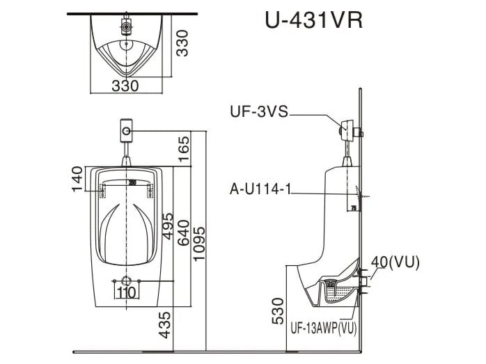 Kích thước của bồn cầu treo tường  Inax U-431VR/B