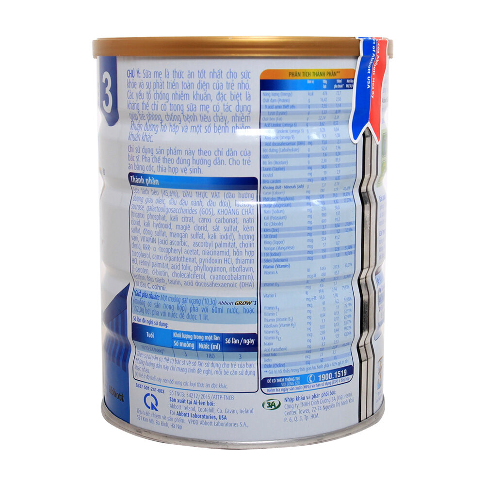  Sữa Abbott Grow 3 hương Vani 900g (1 - 2 tuổi)