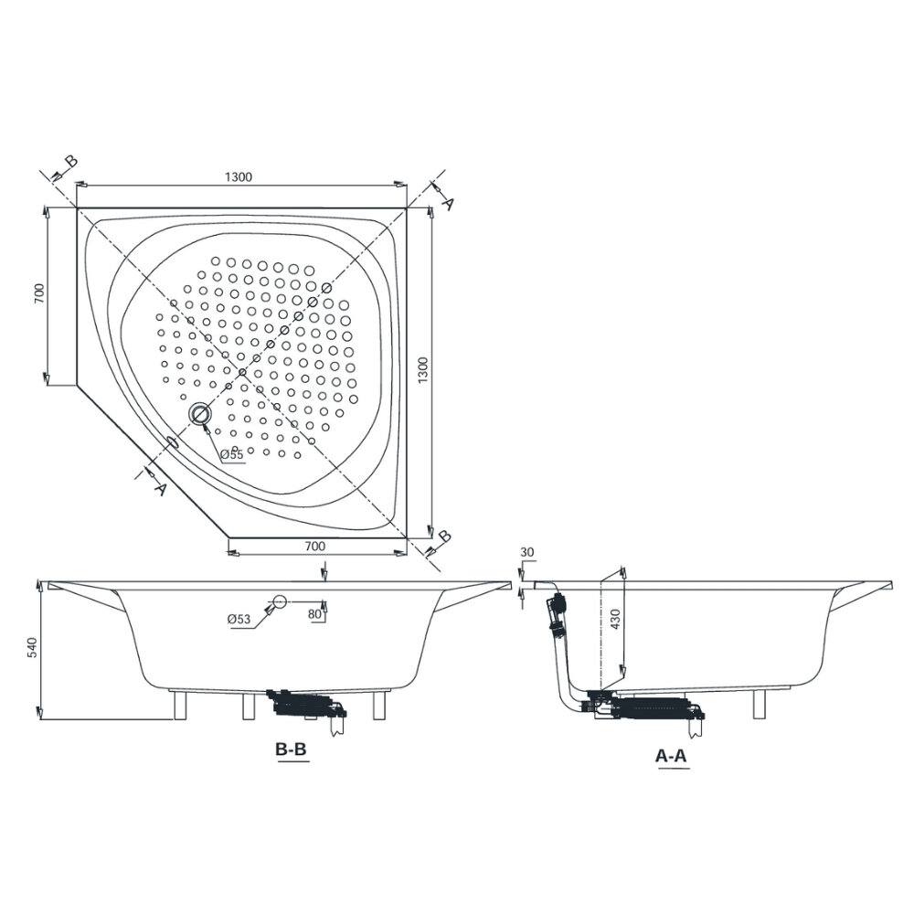 Bản vẽ kỹ thuật của bồn tắm góc TOTO PAY1300PE#W TVBF412 DB505R-2B