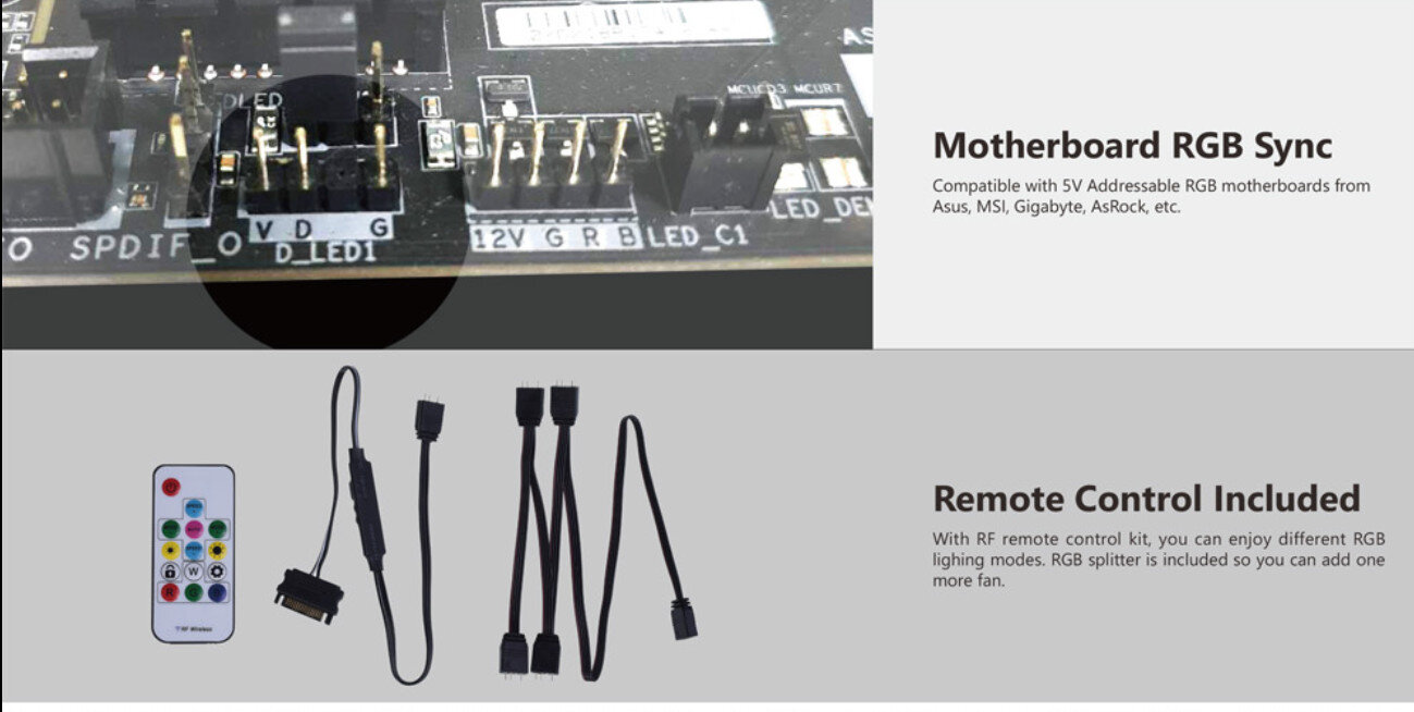 Fan Case ID Cooling DF-12025-ARGB TRIO 3pcs Pack đi kèm điều khiển giúp người dùng điều chỉnh tốc độ quay của quạt và đặc biệt hơn là khả năng điều chỉnh các chế độ sáng khác nhau, tạo nên hiệu ứng ánh sáng bắt mắt.