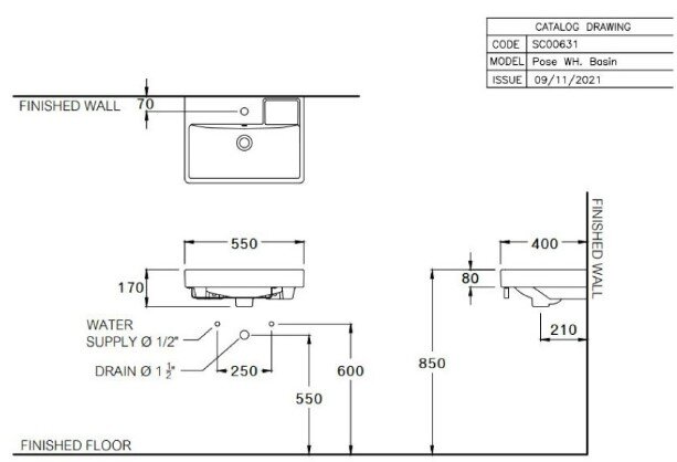 Bản vẽ kỹ thuật chậu rửa lavabo treo tường SC006317