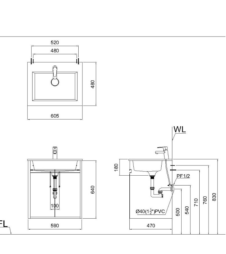 Bản vẽ kỹ thuật bộ tủ chậu rửa mặt CAESAR EH05017AV