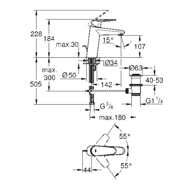 Bản vẽ kỹ thuật vòi chậu nóng lạnh 23448002 Grohe