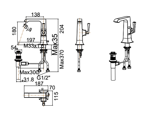 Bản vẽ kỹ thuật vòi lavabo nóng lạnh American Standard Kastello WF-1601 