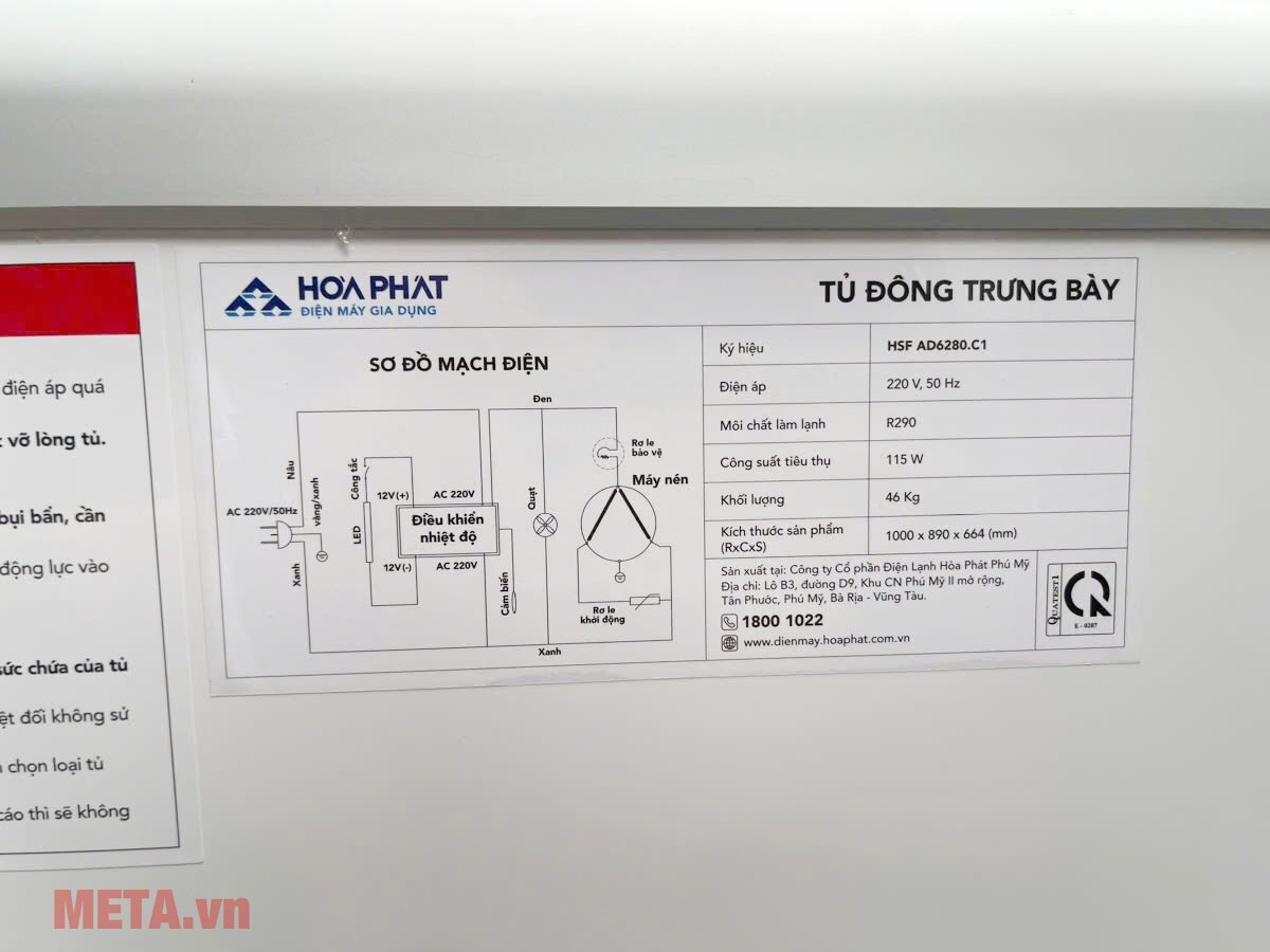 Thông số kỹ thuật và sơ đồ mạch điện Tủ đông Hòa Phát 1 ngăn 2 cánh HSF AD6280.C1