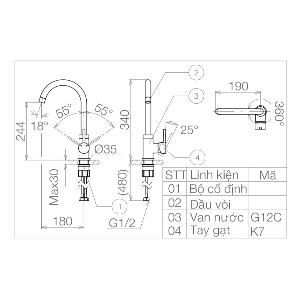Bản vẽ kỹ thuật vòi rửa chén nóng lạnh Viglacera VG731