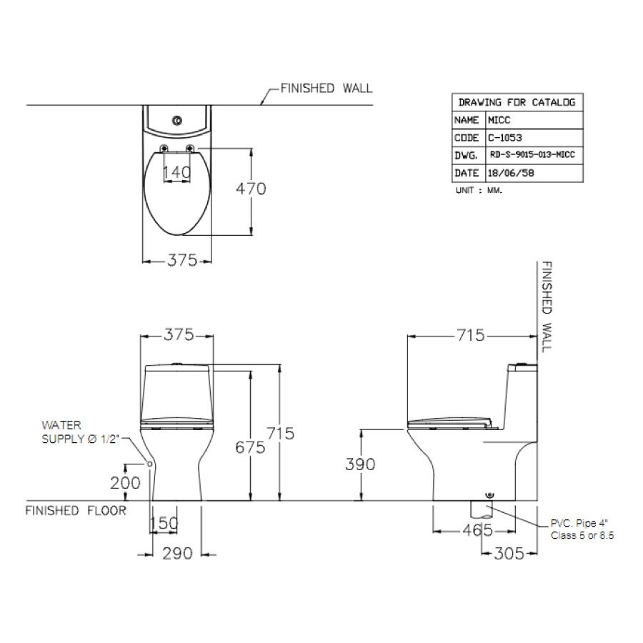 Bản vẽ kỹ thuật bồn cầu 1 khối COTTO nắp êm C1053